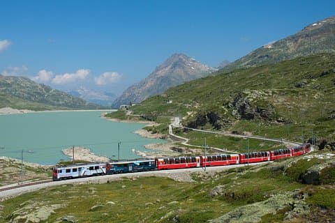 Bernina Red Train and Lake Poschiavo