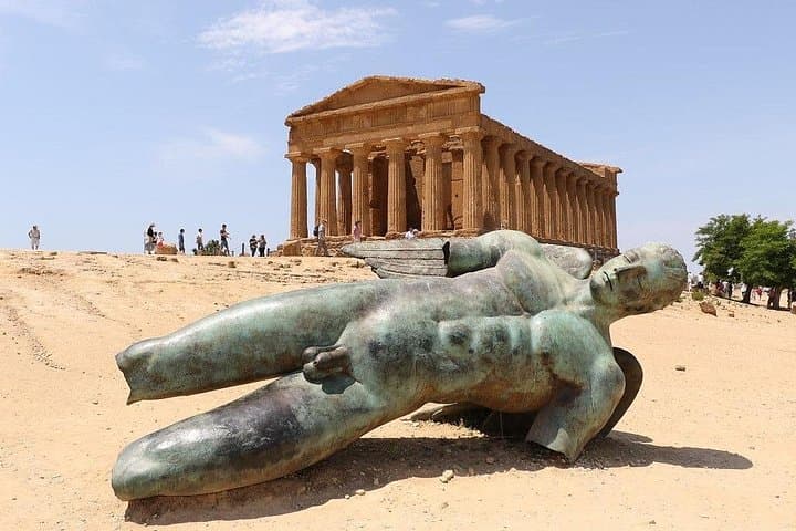 Temple of Concordia. In front of the temple it is possible to admire the statue depicting Icarus, donated by the Polish sculptor Igor Mitoraj.
