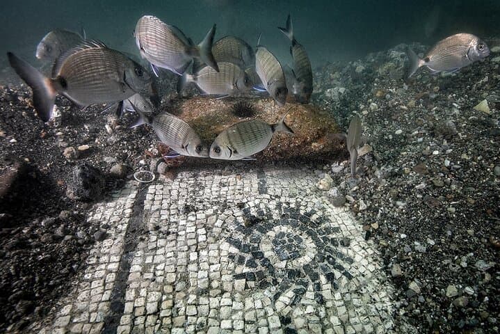 Saraghi on a detail of the Pisces mosaic at the Villa in Protiro