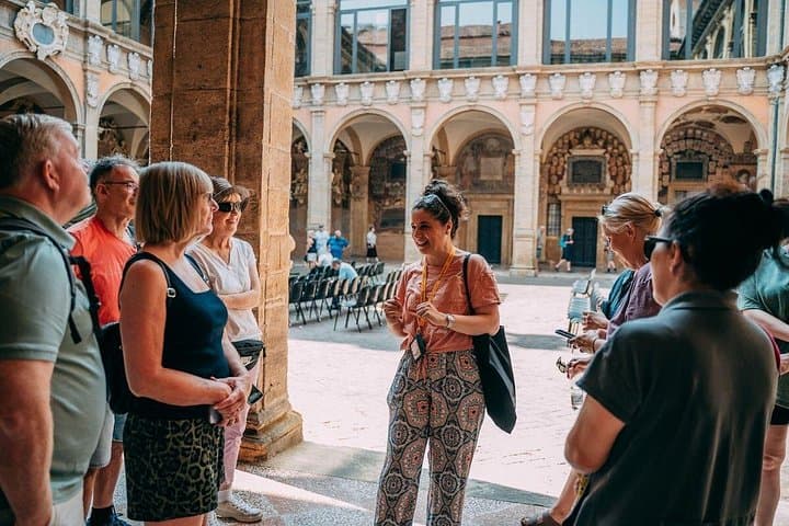 Bologna Walking Tour with Tower Sky View and Archiginnasio