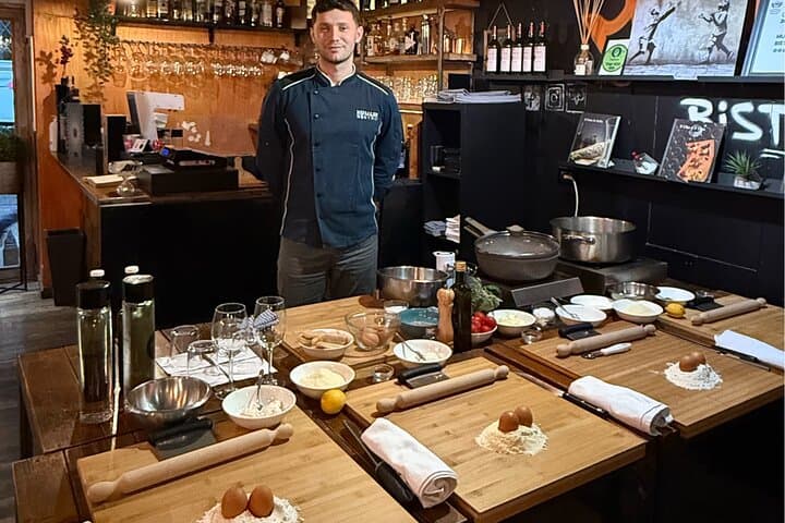 Course of pasta Fettuccine and Ravioli with Truffle, Tiramisu and Wine