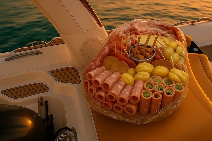Plate of cold cuts and cheeses from Monte Linas, served at sunset on board our dinghy: a journey into the authentic flavors of Sardinia, between taste, sea and tradition.