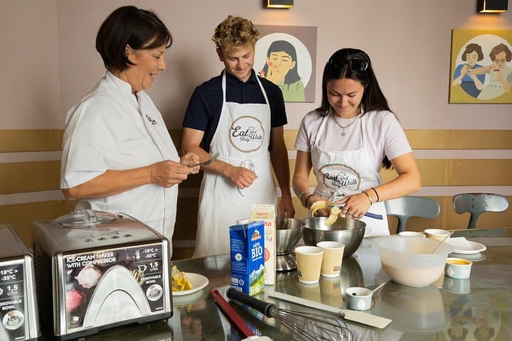 Learning how to mix and prepare fresh gelato ingredients.