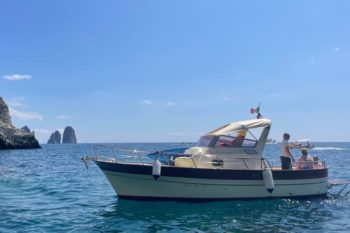 Three Hour Private Guided Tour of Capri with a luxury Gozzo cabin cruiser