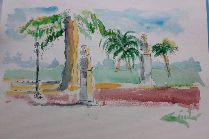 Sketching of the view over Rome from Pincio terrace with Guido
