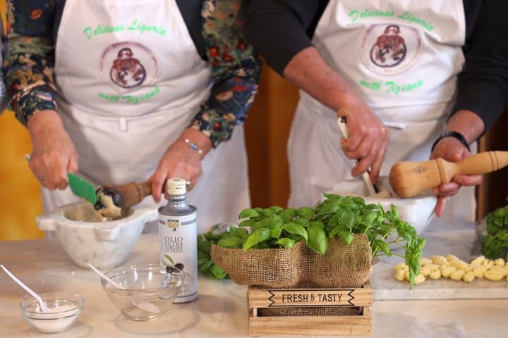 Cooking Genoese Pesto and gnocchi in the English Villa in Genoa