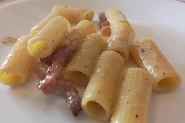 Pasta all Gricia is also known as White Amatriciana, with pecorino chesse, guanciale, and black pepper