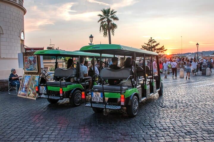 Feel the golden glow of Rome at sunset as you cruise past historic monuments bathed in warm light and timeless beauty