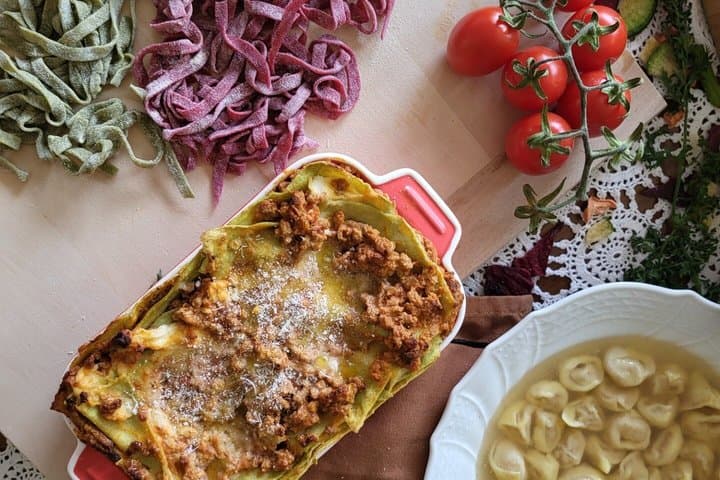 Colorful tagliatelle, Bolognese lasagna, tortellini in broth